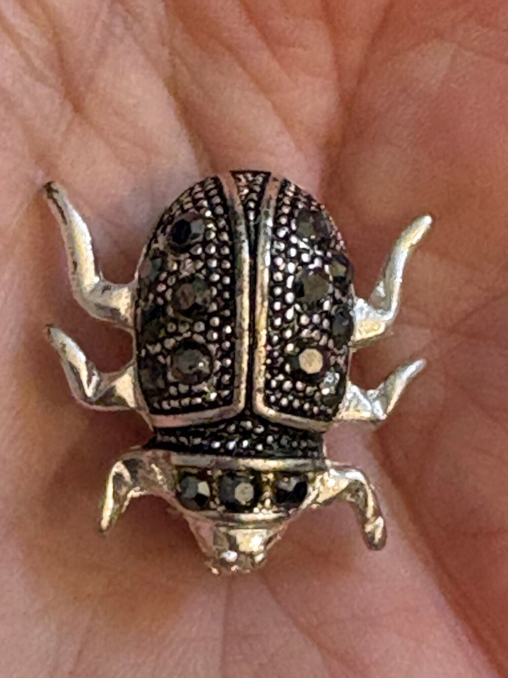 Vintage Beetle Bug Brooch Silver Tone Marcasite Style Figural Pin
